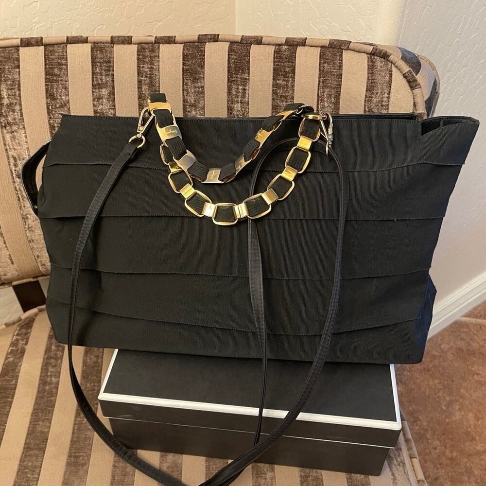 Salvatore Ferragamo black satin ruffled satchel